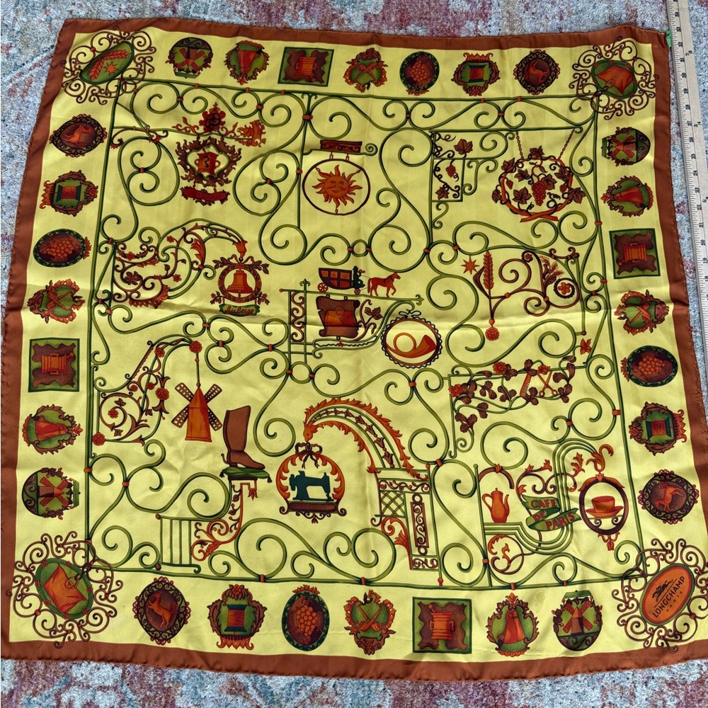 Vintage Longchamp Yellow and orange twill silk scarf equestrian design. Size 33’